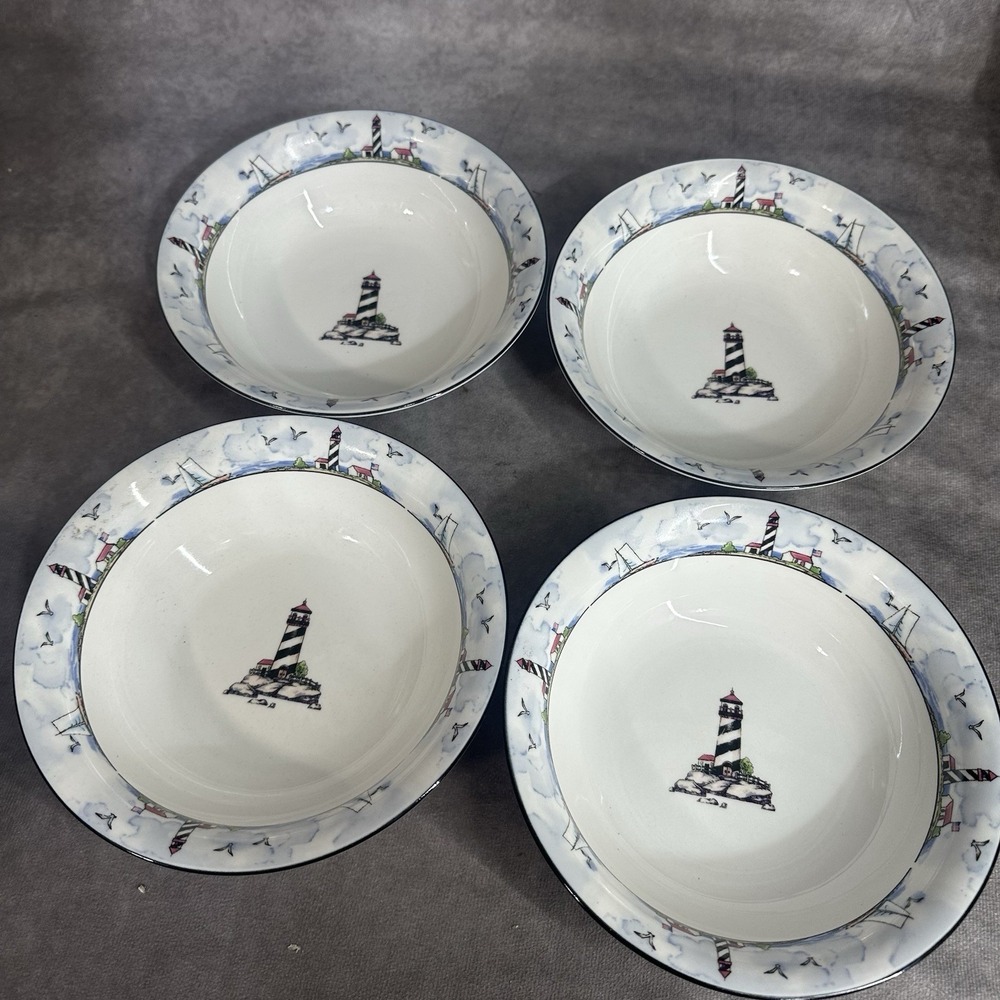 4 Totally Today Bowls Lighthouse Sail Boat China 7.5"